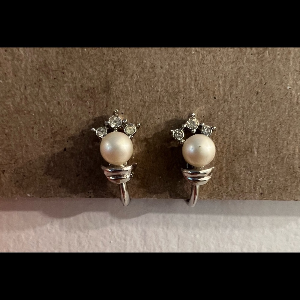Trifari Vintage Faux Pearl and Rhinestone Earrings